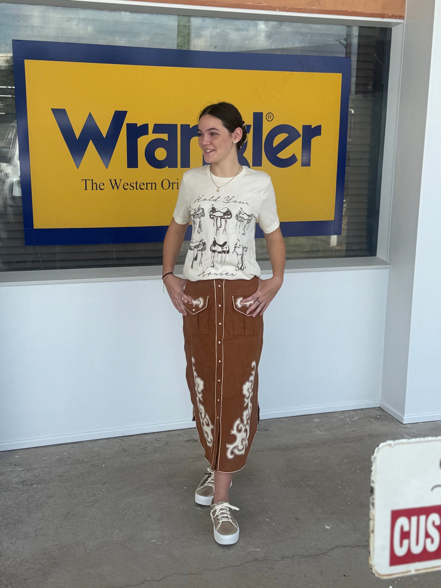 95595S - Suede Embroidered Patch Midi Skirt