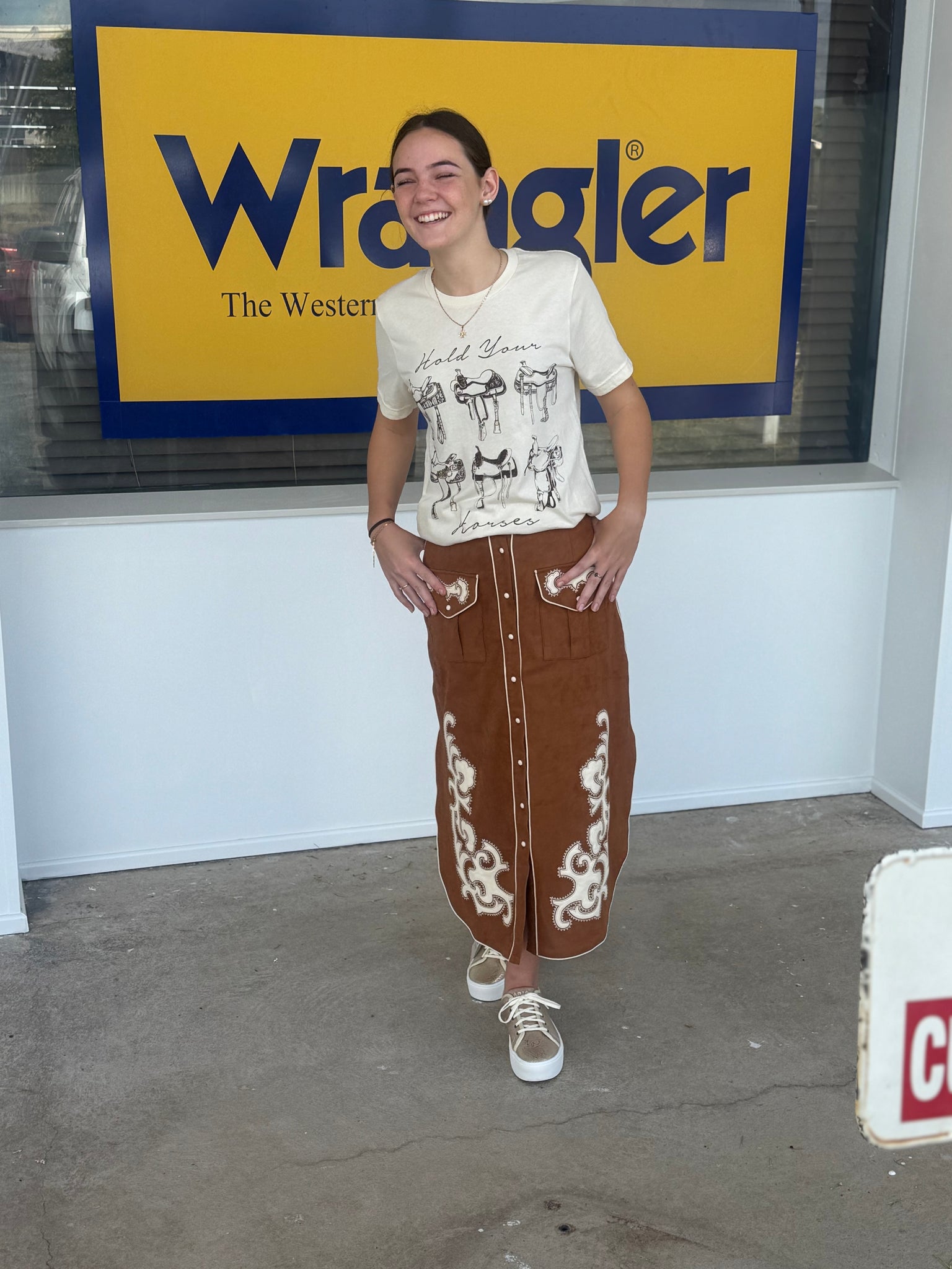 95595S - Suede Embroidered Patch Midi Skirt