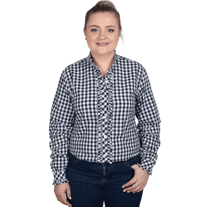 Just Country Ladies Abbey Frills Full Button Print Workshirt Navy Check WWLS2518
