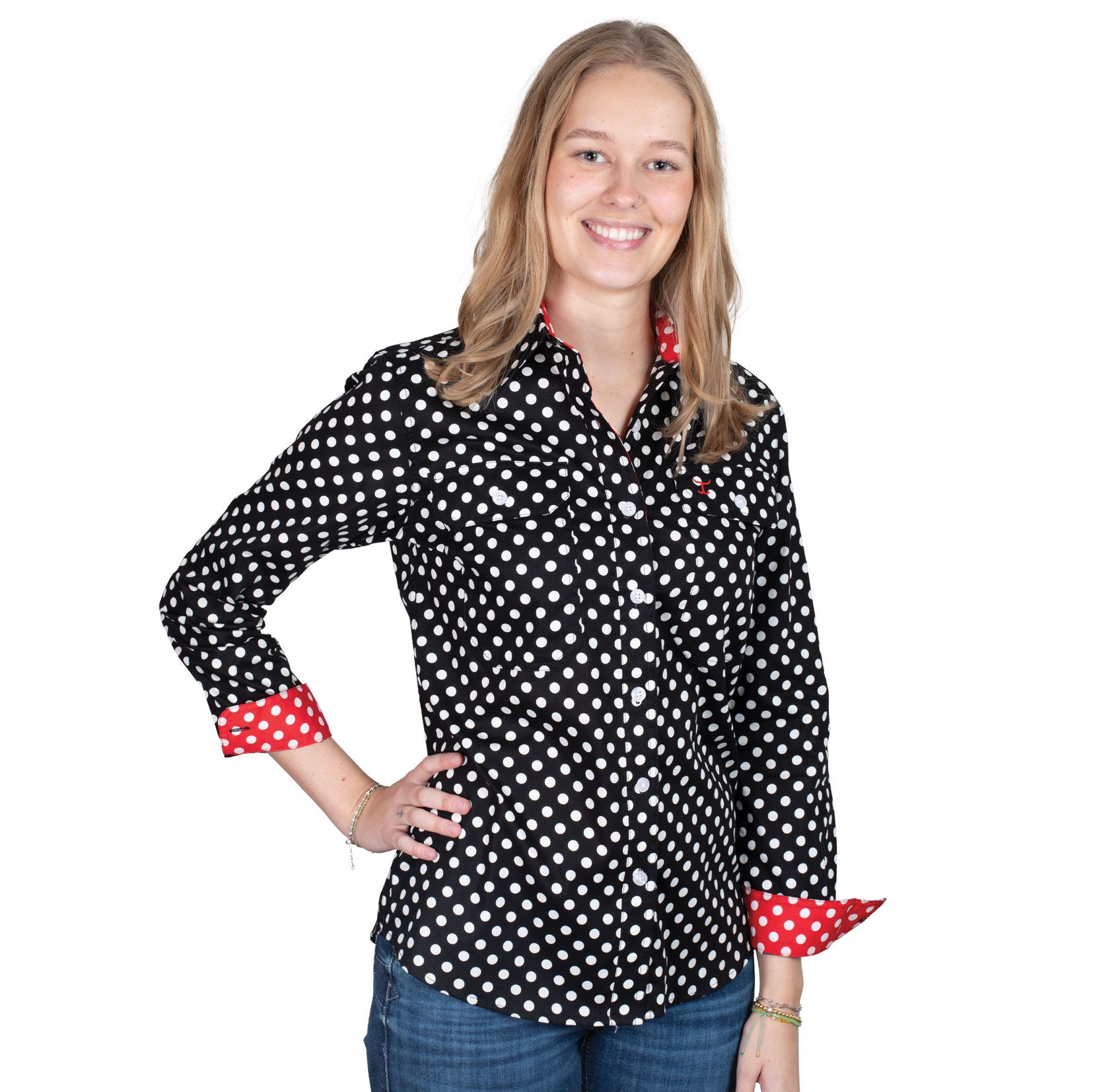 WWLS2558 Just Country Ladies Abbey Full Button Print Workshirt Black Polka Dots/Red Polka Dots