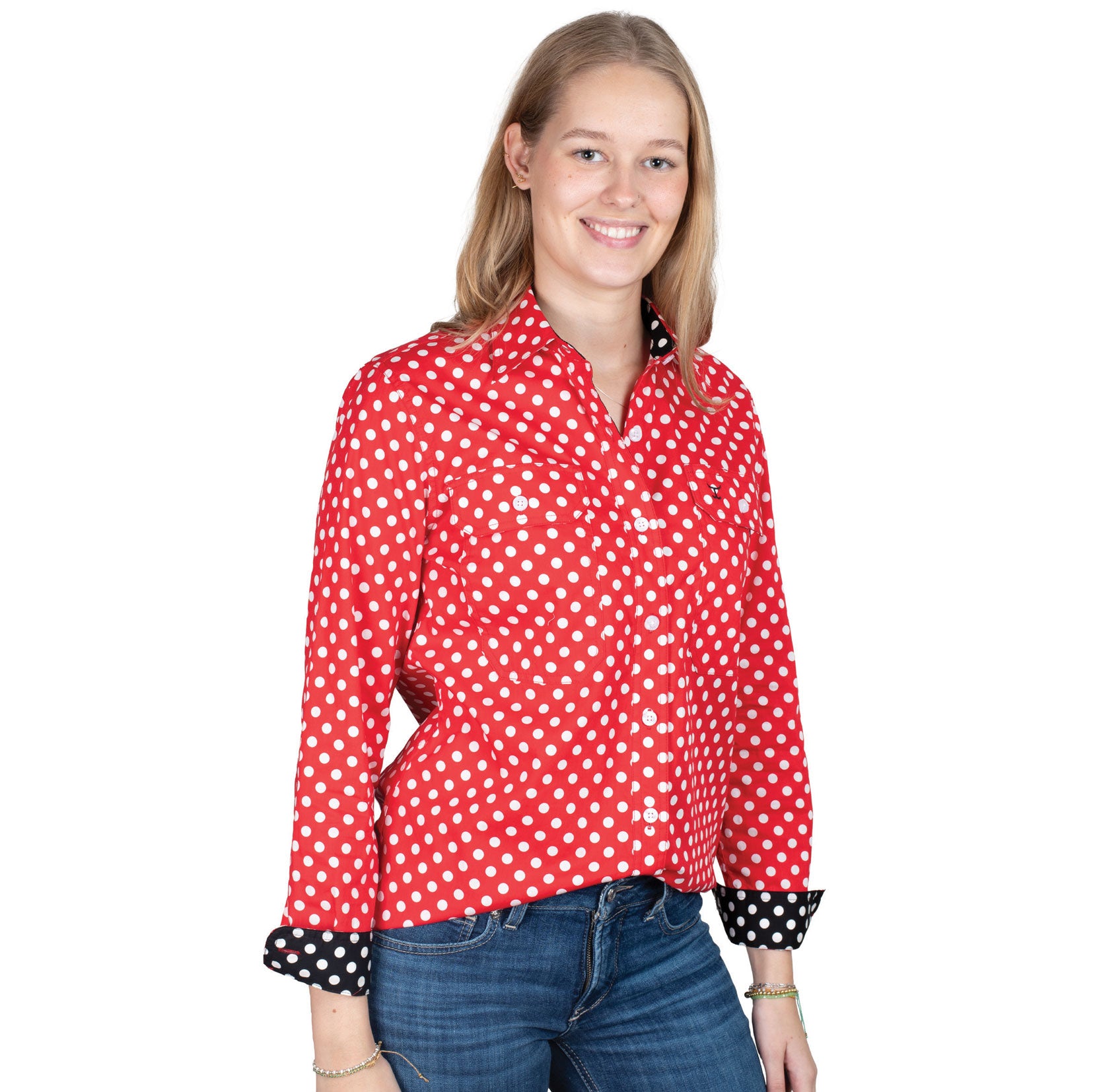 WWLS2559 Just Country Ladies Abbey Full Button Print Workshirt Red Polka Dots/Black Polka Dots