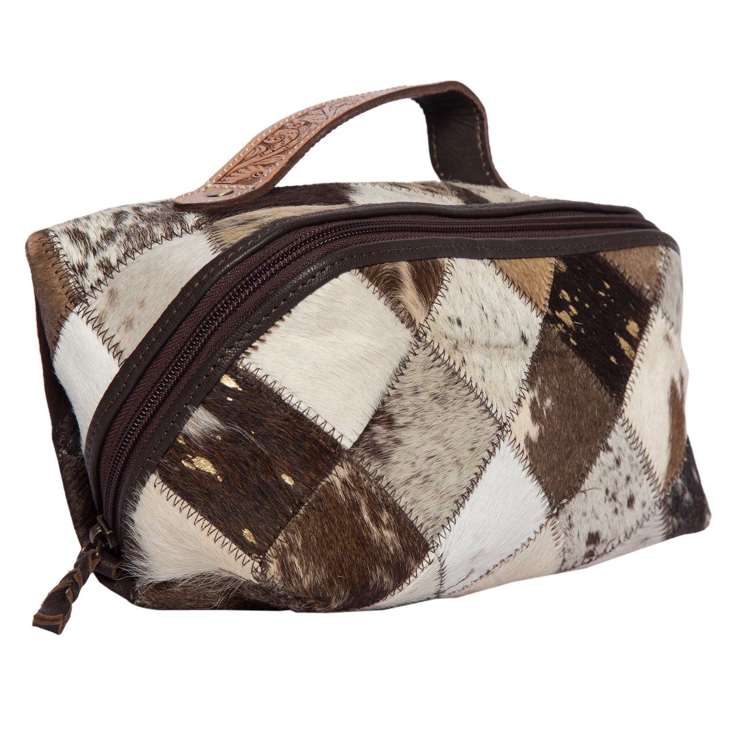 AT-64 The Design Edge Patchwork Cowhide and Tooling Leather Cosmetics Bag Brown & White