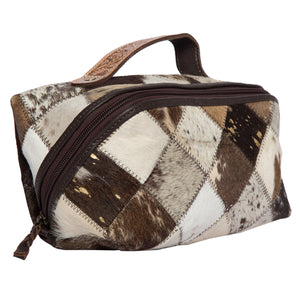 AT-64 The Design Edge Patchwork Cowhide and Tooling Leather Cosmetics Bag Brown & White