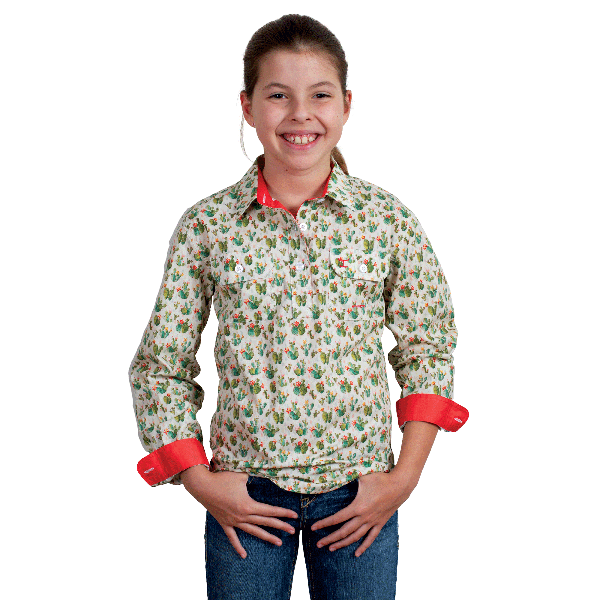 GWLS2411 Just Country Girls Harper Half Button Print Workshirt Cream Cactus