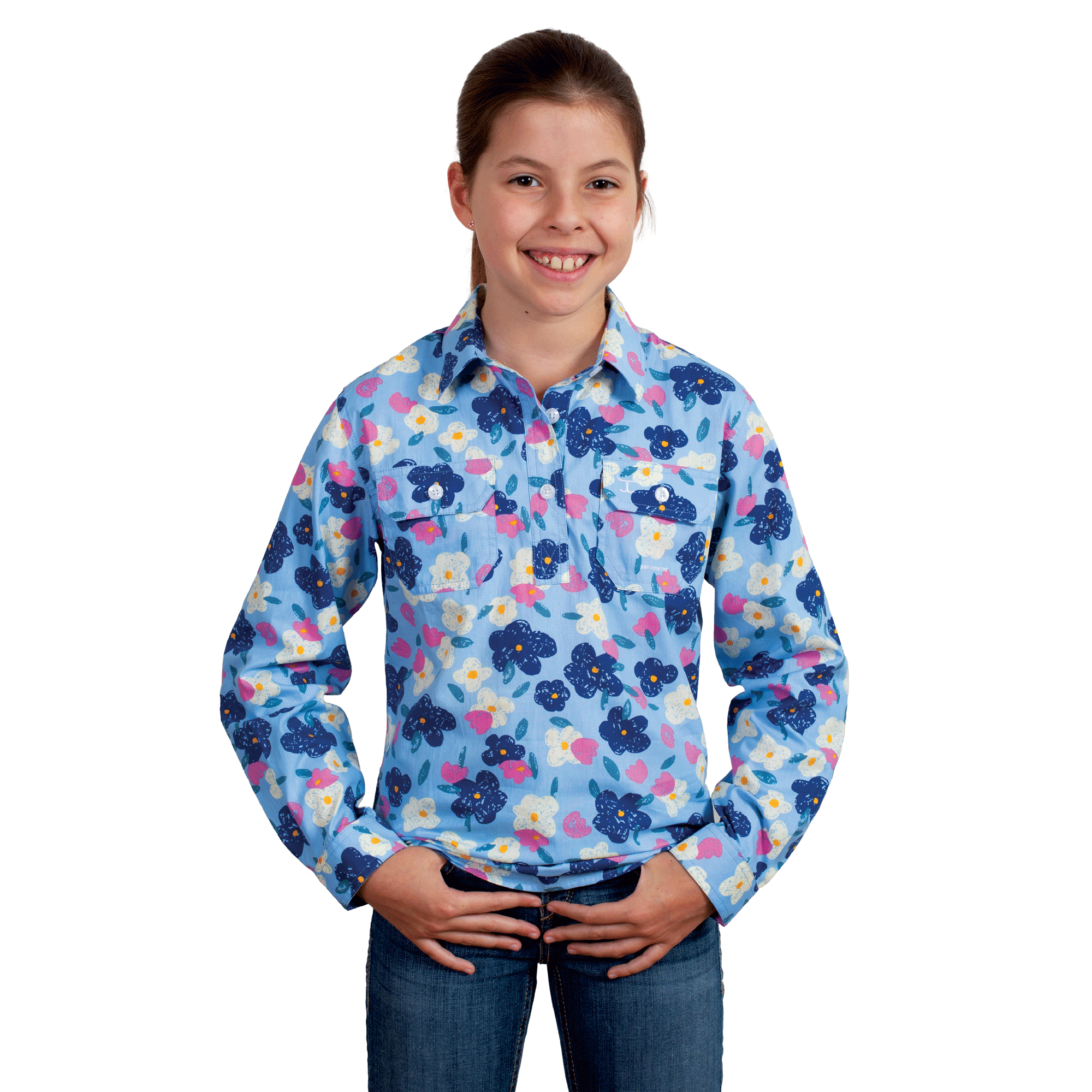 GWLS2425 Just Country Girls Harper Half Button Print Workshirt Cornflower Painted Floral