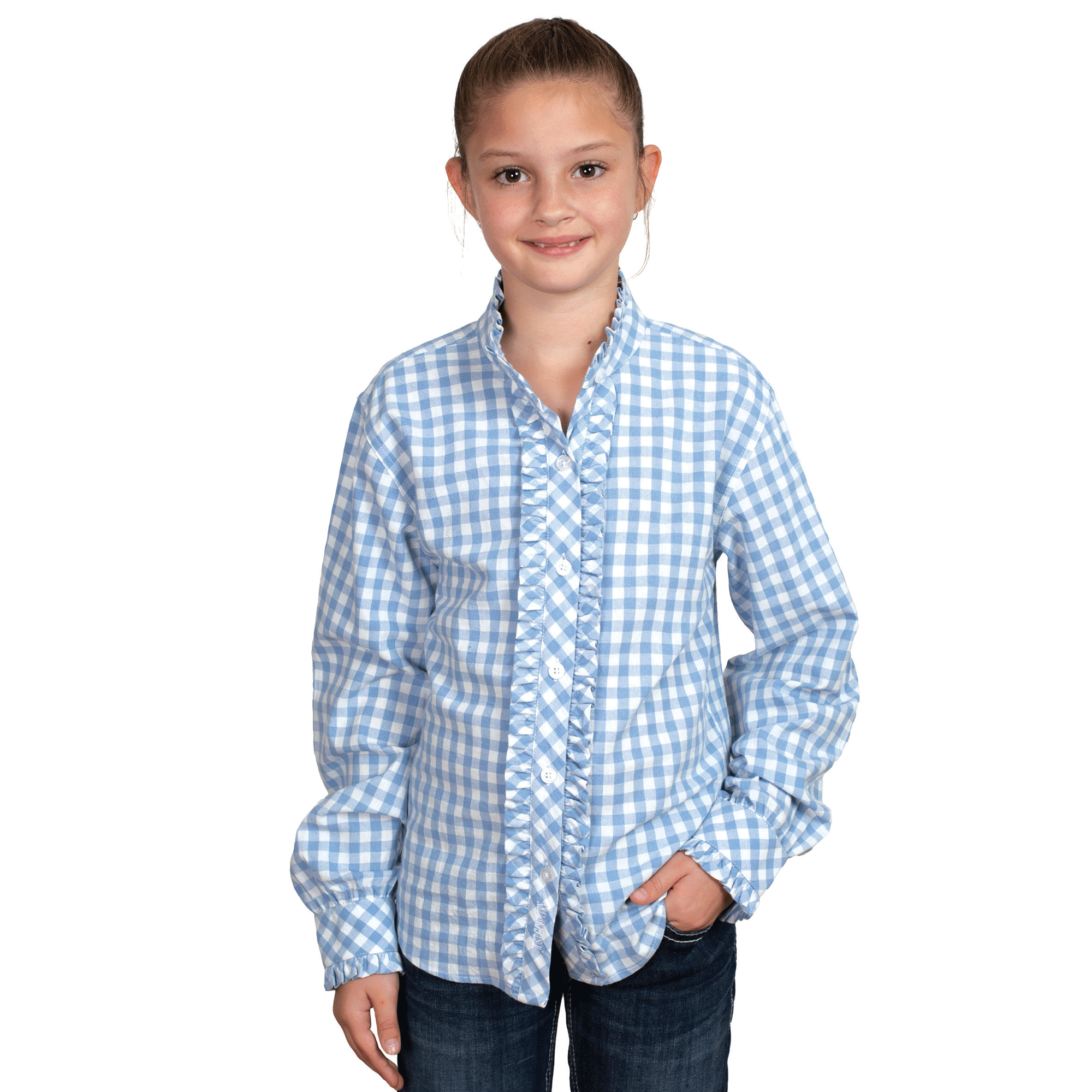 Just Country Girls Gracie Frills Full Button Print Workshirt Cornflower Blue Check