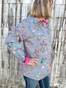 WWLS2331 Just Country Ladies Abbey Full Button Print Workshirt Grey Geraniums