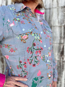 WWLS2331 Just Country Ladies Abbey Full Button Print Workshirt Grey Geraniums