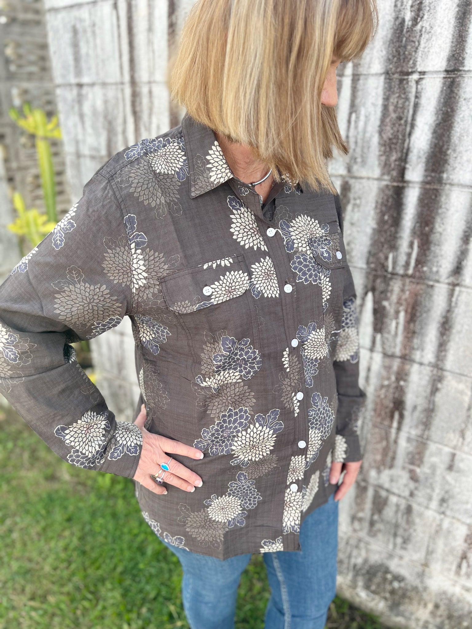 WWLS2330 Just Country Ladies Abbey Full Button Print Workshirt Chocolate Dahlia