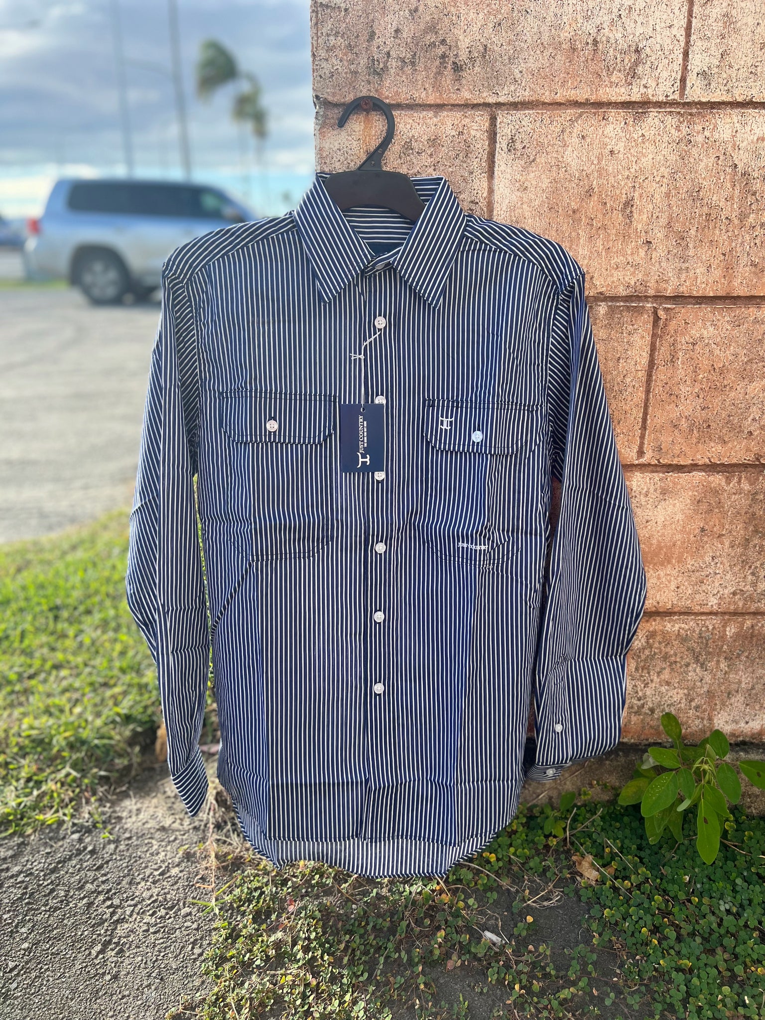 MWLS2332 Just Country Mens Austin Full Button Print Workshirt Navy/White Stripe