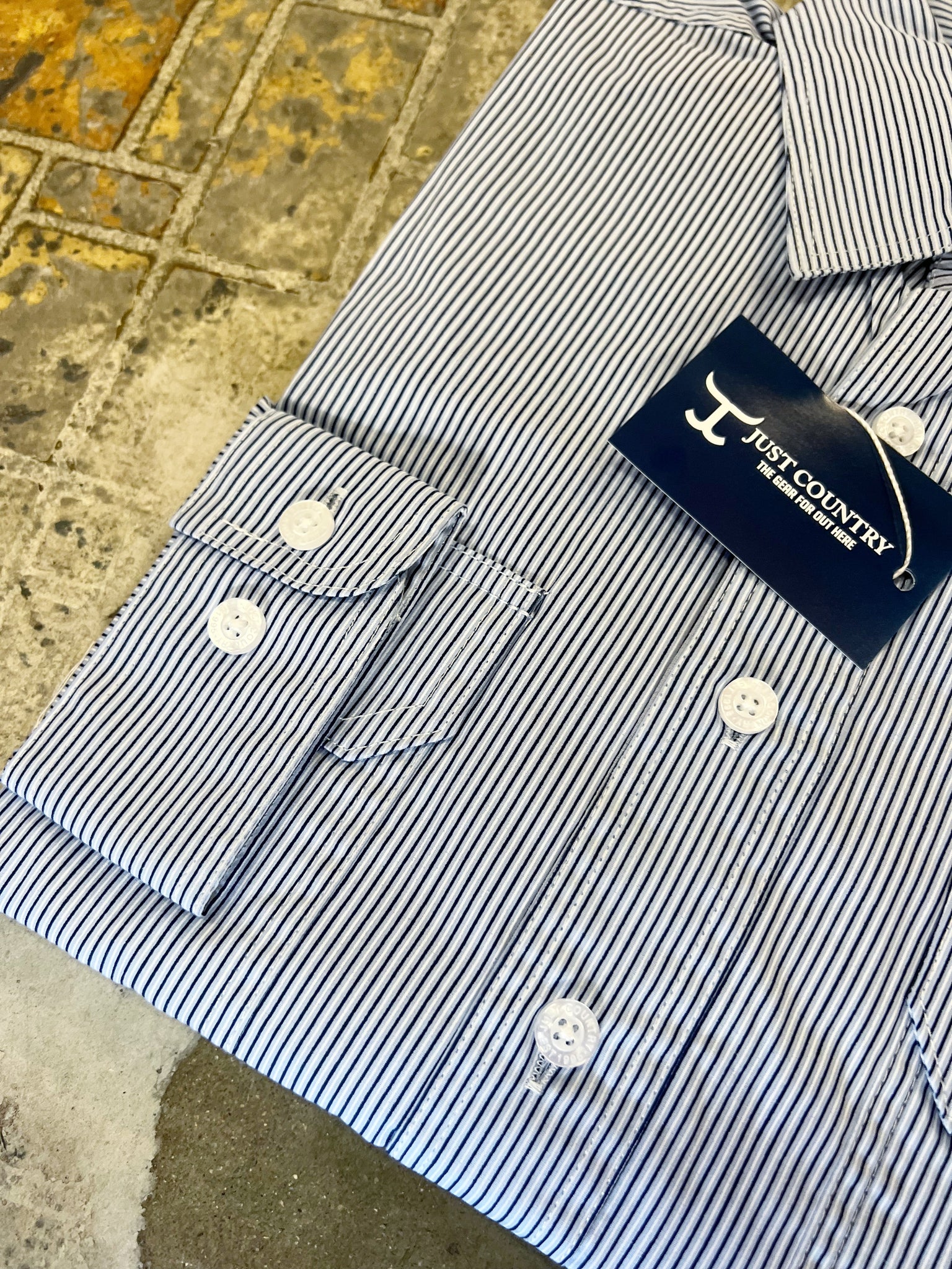 MWLS2327 Just Country Mens Austin Full Button Print Workshirt Navy/White Pin Stripes