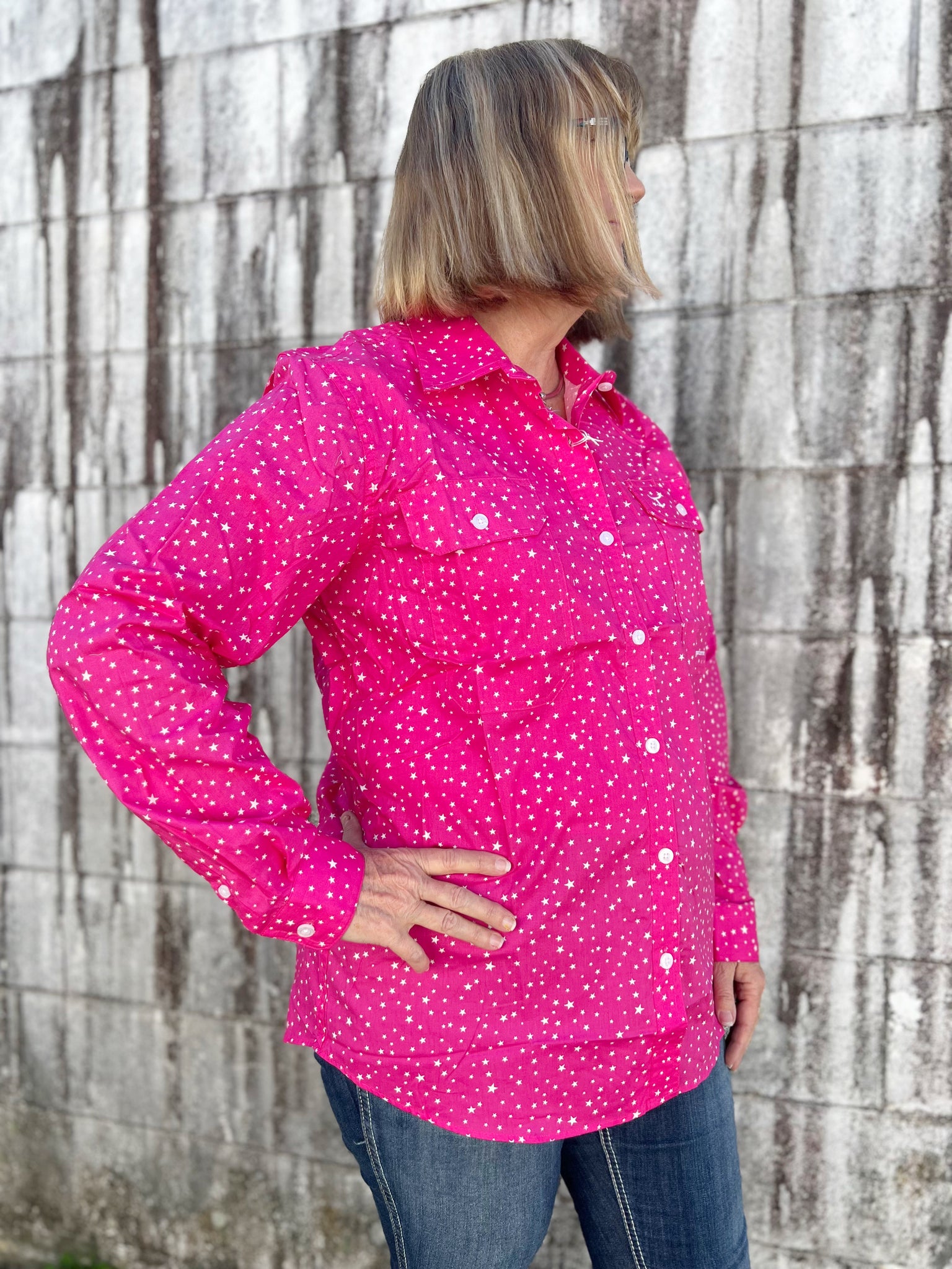 WWLS2323 Just Country Ladies Abbey Full Button Print Workshirt Hot Pink Stars