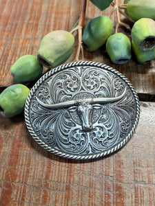 61028 Montana Silversmiths Oval Longhorn Classic Antiqued Attitude Belt Buckle