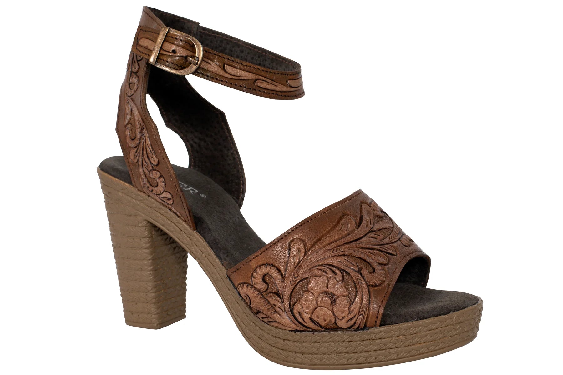 09-021-0946-3235 Roper Ladies Mika Ankle Strap Sandal Brown/Tan Tooled Leather