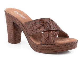09-021-0946-3211 Roper Ladies Mika Cross Strap Sandal Cognac Tooled Leather