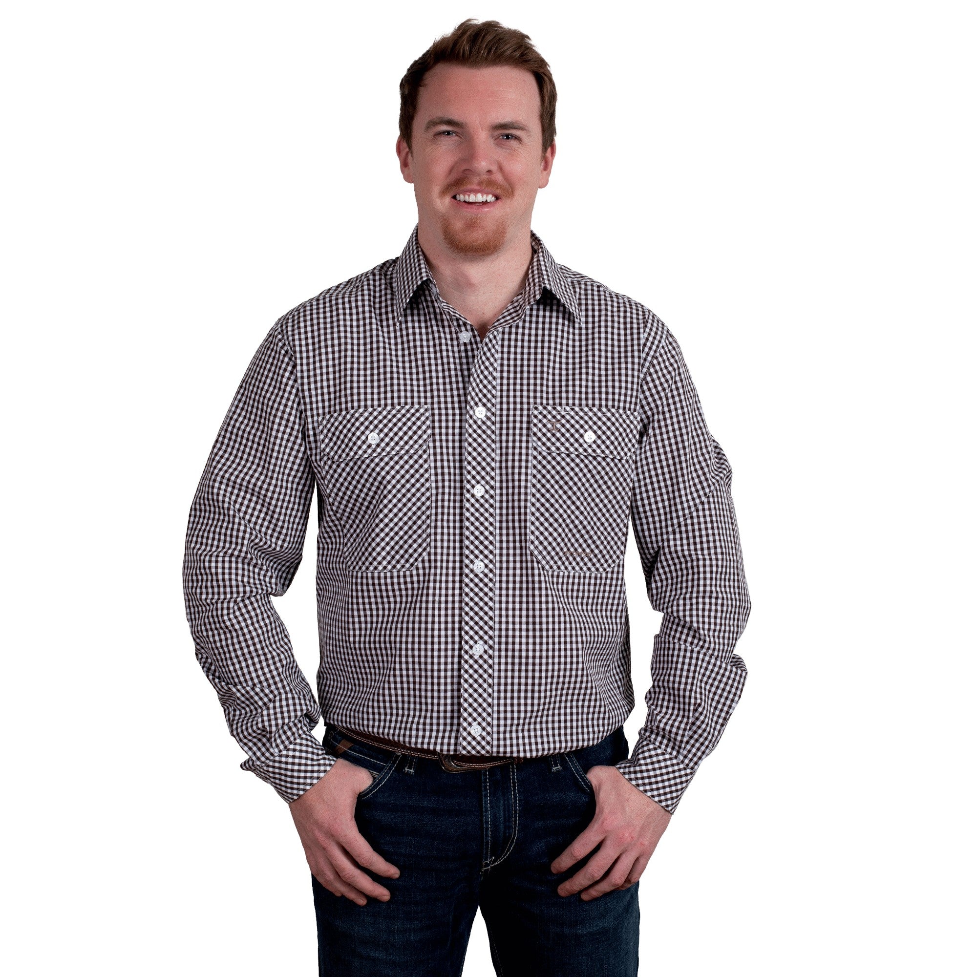 MWLS2416 Just Country Mens Full Button Print Workshirt Choc/White Check