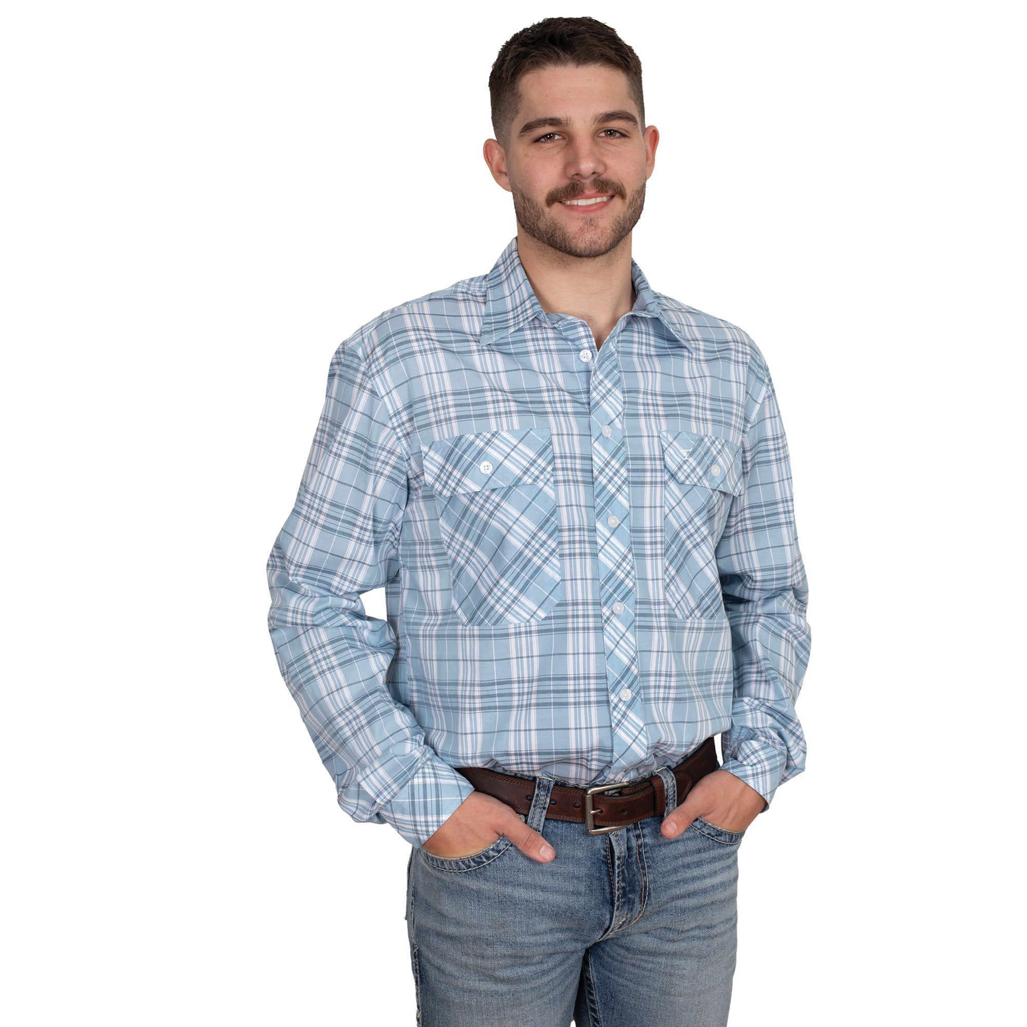 MWLS2528 Just Country Mens Austin L/S Print Workshirt Light Plaid Blue