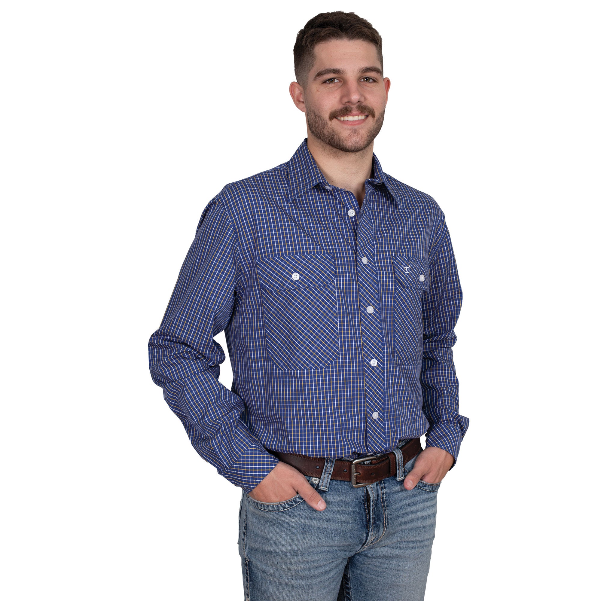 MWLS2533 Just Country Mens Austin L/S Print Workshirt Cobalt/White/Yellow Check