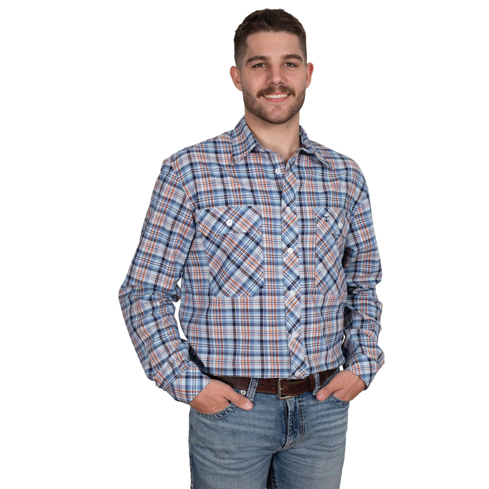 MWLS2534 Just Country Mens Austin L/S Print Workshirt Blue/Navy/Orange Plaid