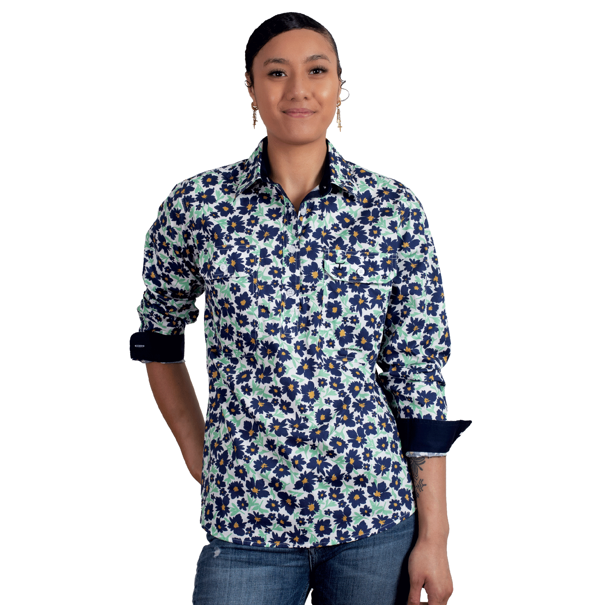 WWLS2422 Just Country Ladies Georgie Half Button Print Workshirt White Cosmos