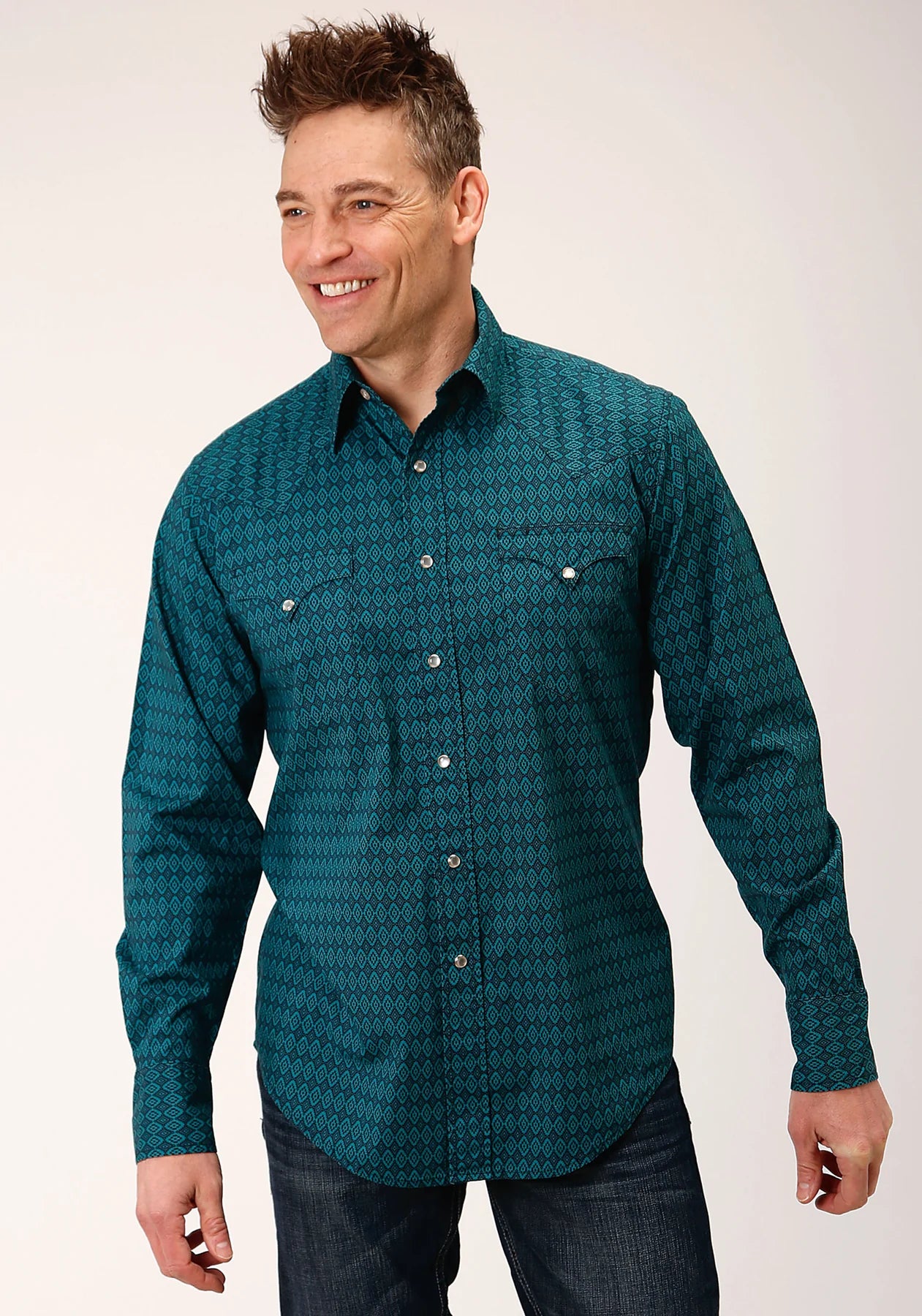 03-001-0064-1011 Roper Mens West Made Collection LS Shirt Print Green