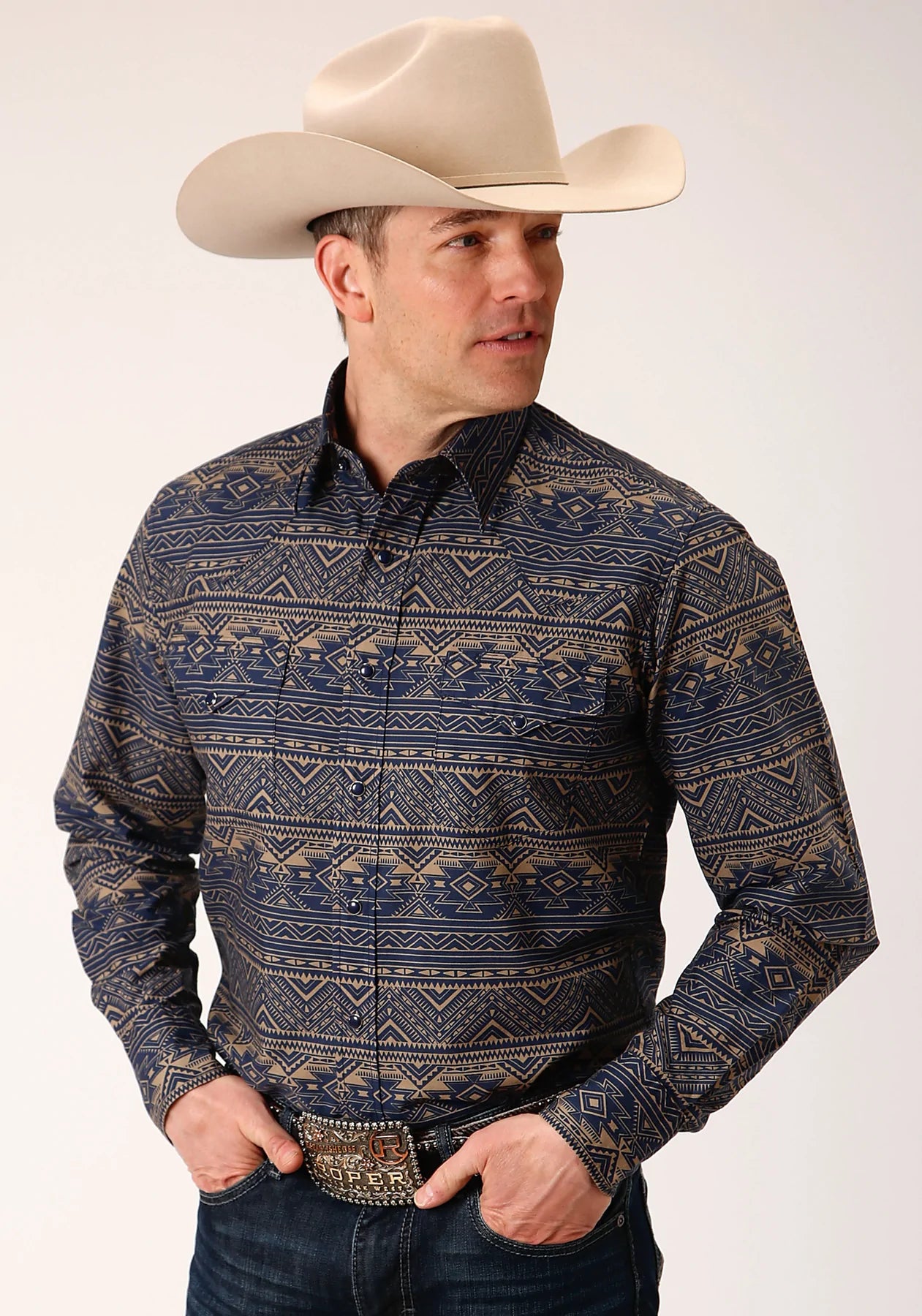 03-001-0067-1010 Roper Mens West Made Collection LS Shirt Print Blue
