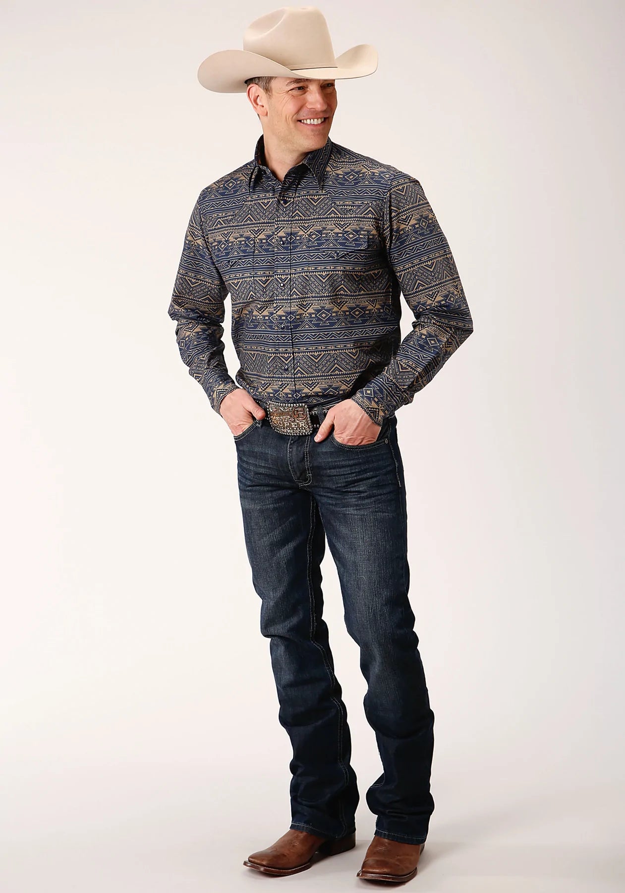 03-001-0067-1010 Roper Mens West Made Collection LS Shirt Print Blue