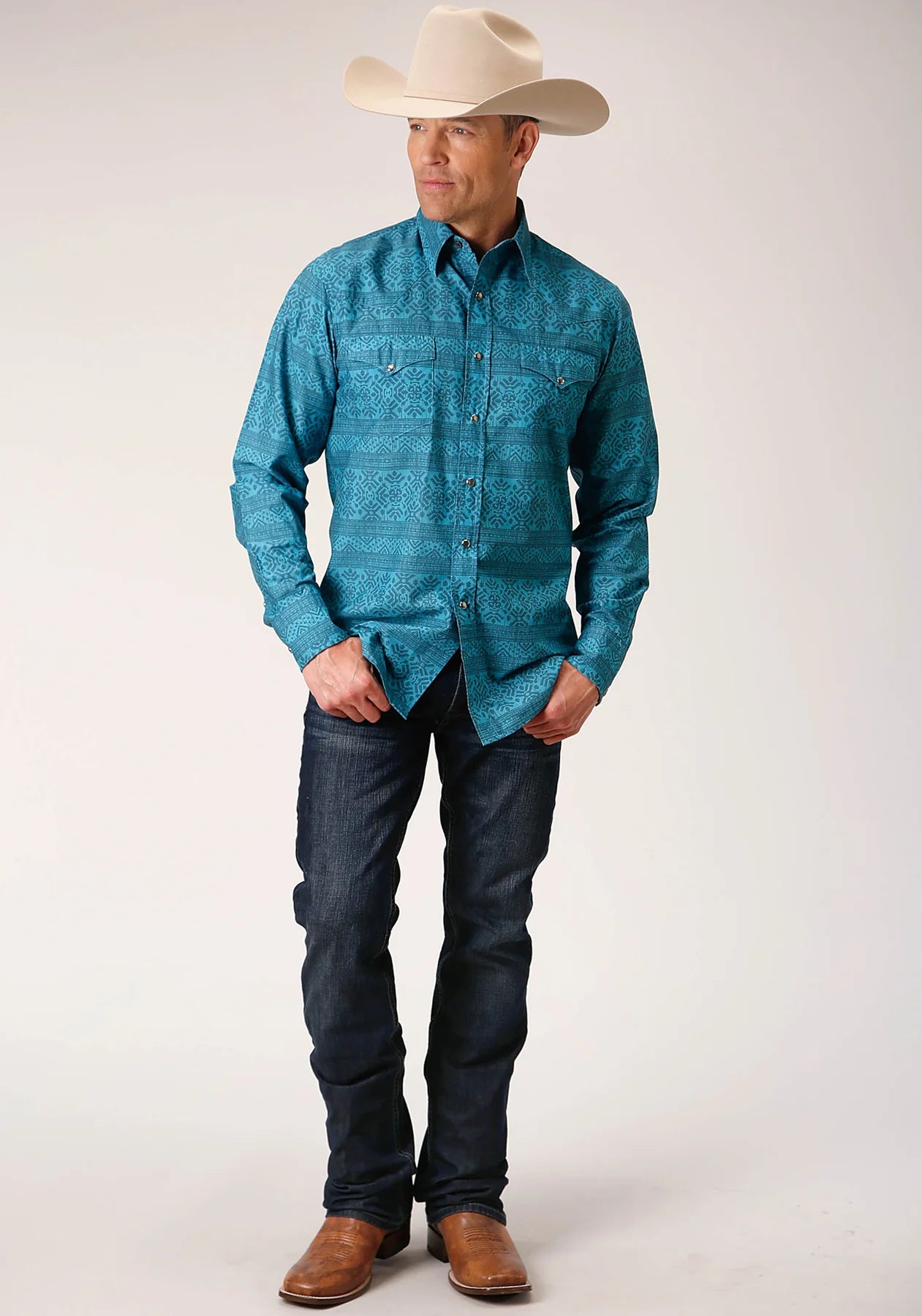 03-001-0067-0301 Roper Mens West Made Collection LS Shirt Print Blue
