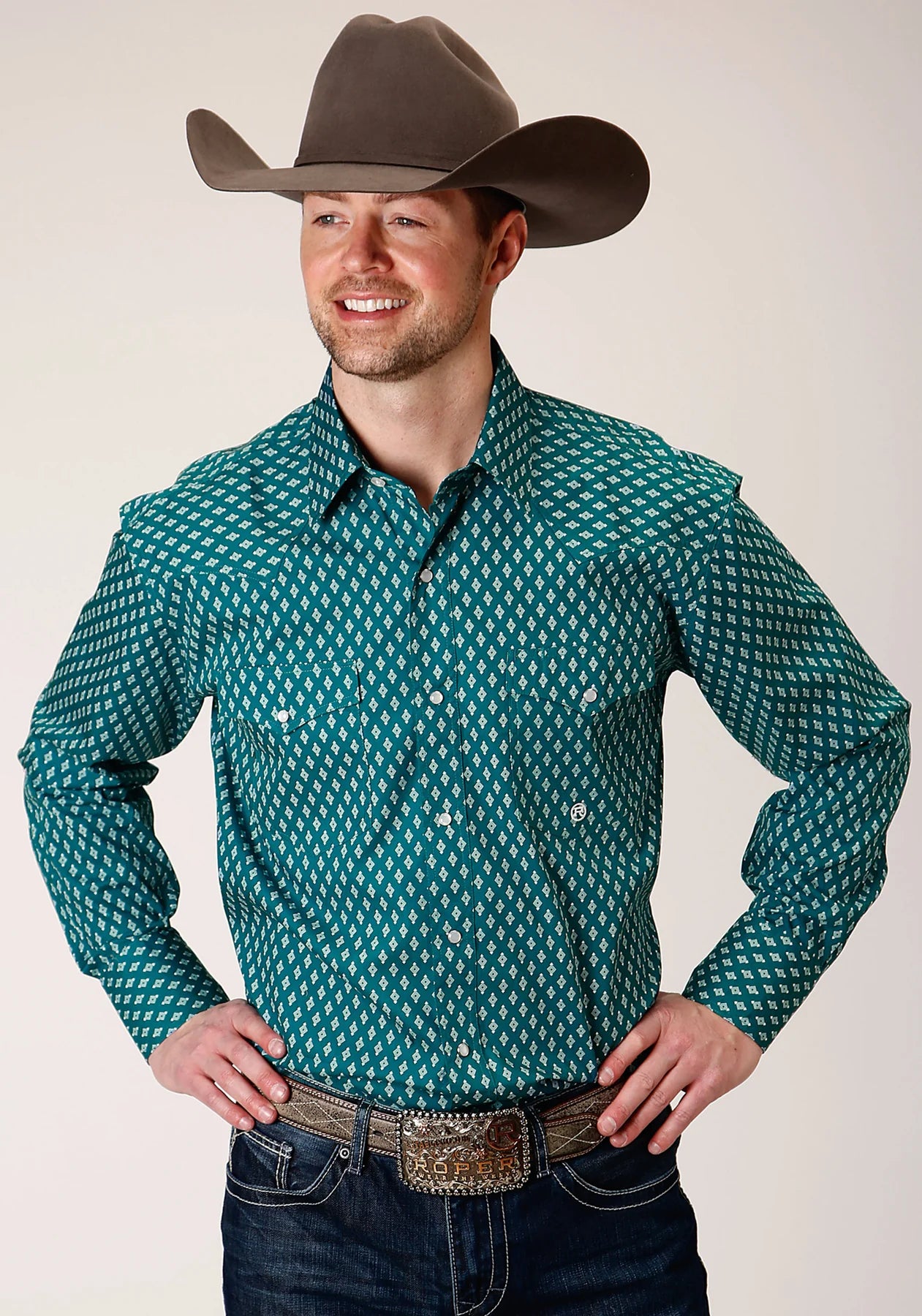 3-01-225-181 Roper Mens Aramillo Collection LS Shirt Print Green