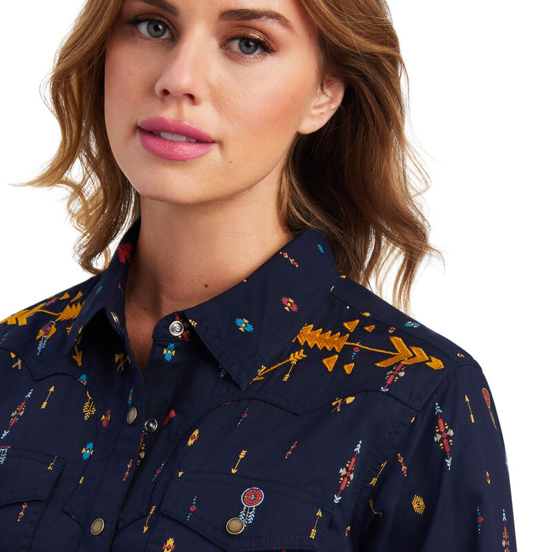 Ariat Ladies Real Dakota Snap Closure Long Sleeve Shirt Navy Multi Print