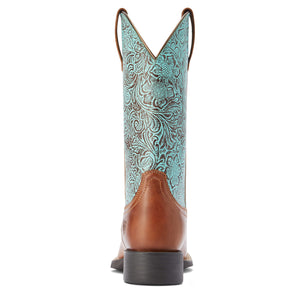 10042534 Ariat Ladies Round Up Wide Square Toe Boot Beduino Brown/Turq Floral Emboss