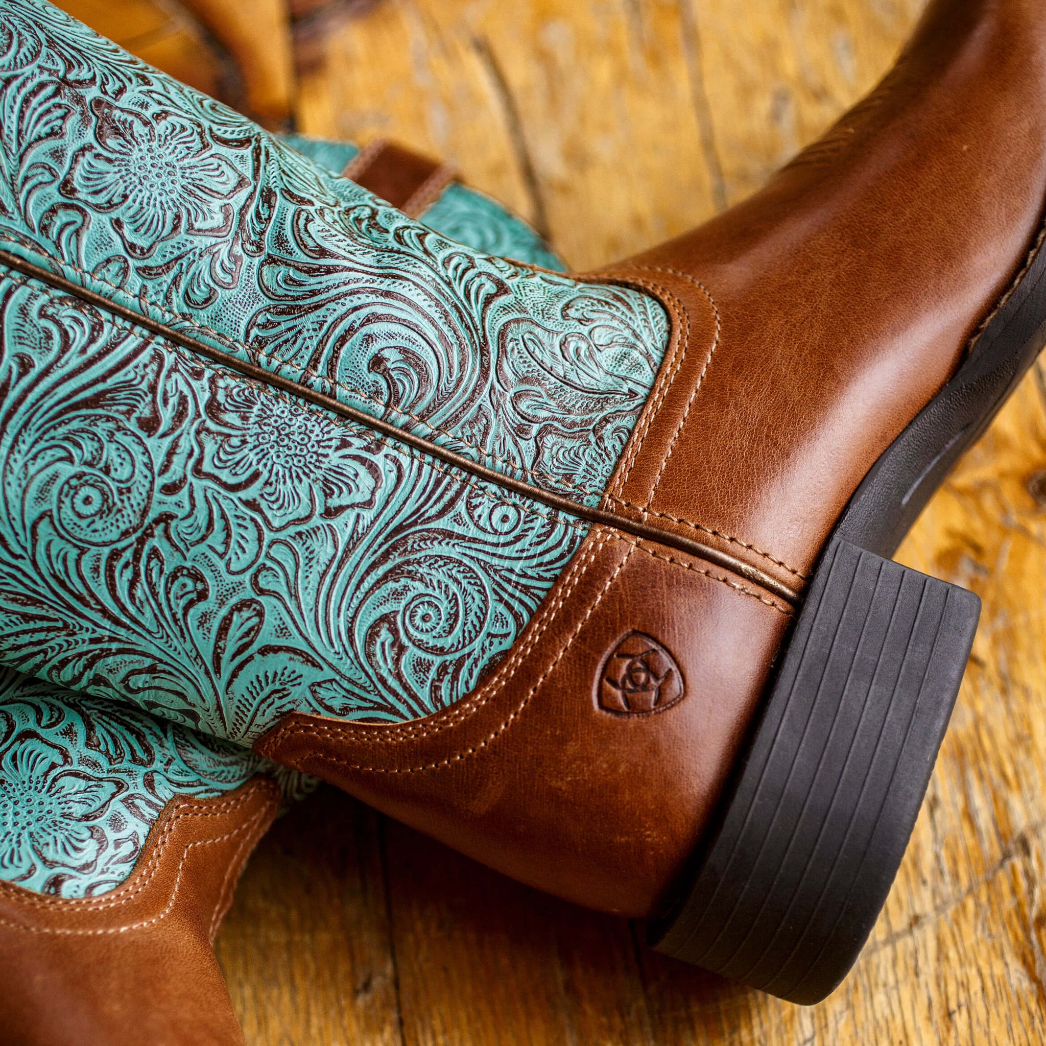 10042534 Ariat Ladies Round Up Wide Square Toe Boot Beduino Brown/Turq Floral Emboss