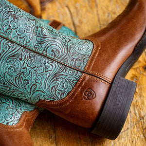 10042534 Ariat Ladies Round Up Wide Square Toe Boot Beduino Brown/Turq Floral Emboss