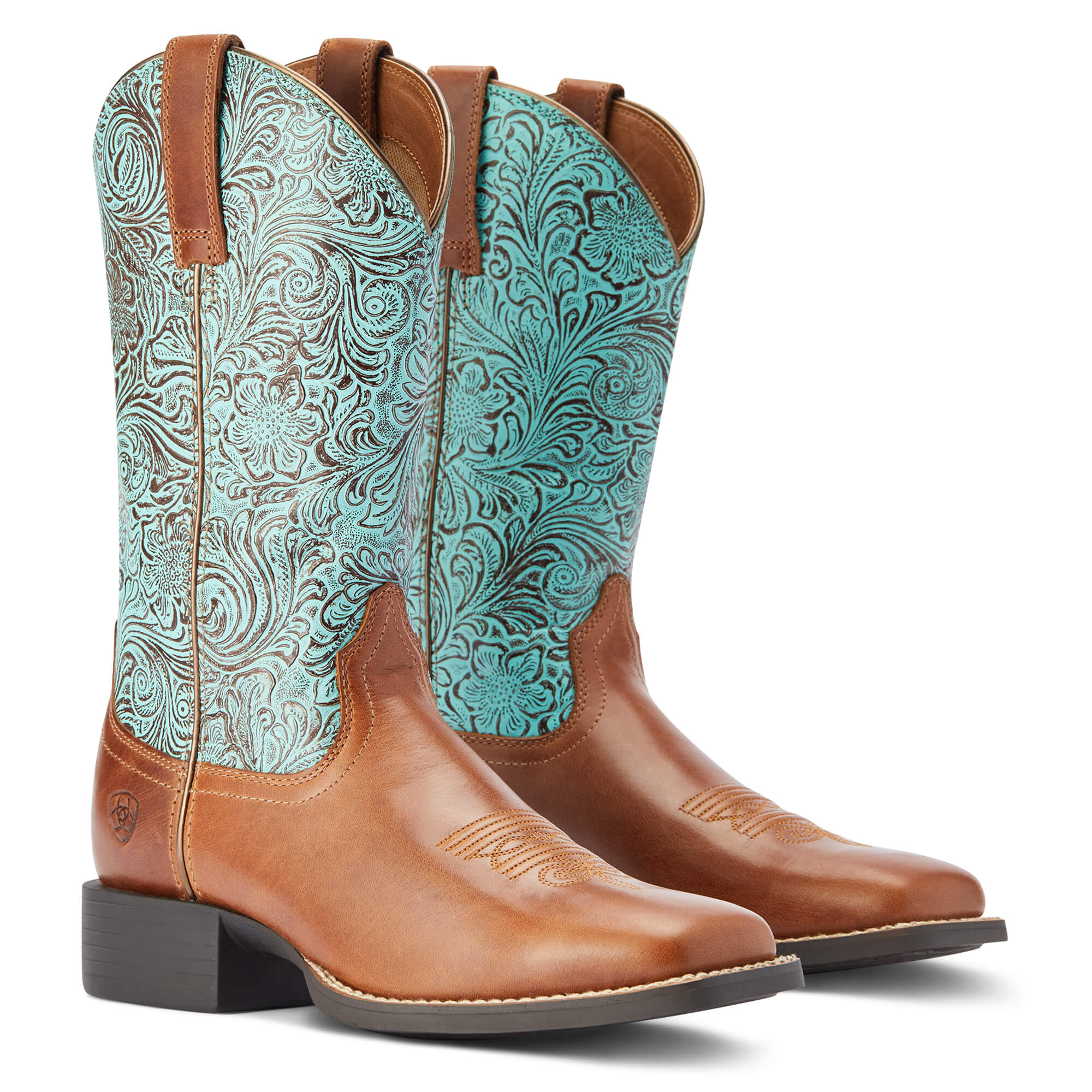 10042534 Ariat Ladies Round Up Wide Square Toe Boot Beduino Brown/Turq Floral Emboss