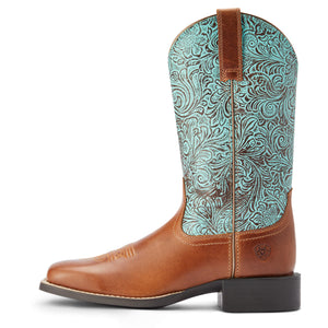 10042534 Ariat Ladies Round Up Wide Square Toe Boot Beduino Brown/Turq Floral Emboss
