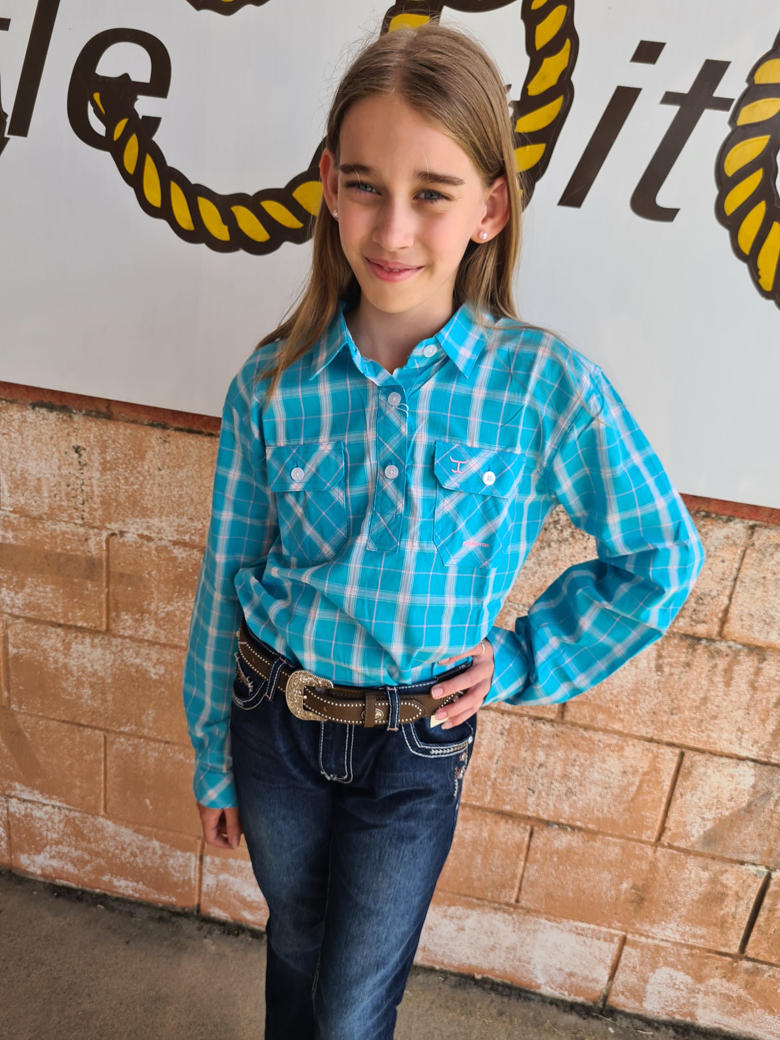 GWLS2183 Just Country Girls Harper Half Button Print Workshirt Aqua Plaid