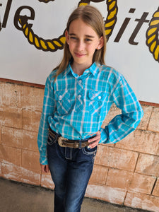 GWLS2183 Just Country Girls Harper Half Button Print Workshirt Aqua Plaid