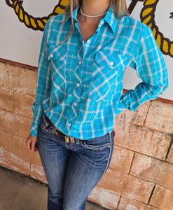 Just Country Abbey Full Button Workshirt Aqua Plaid