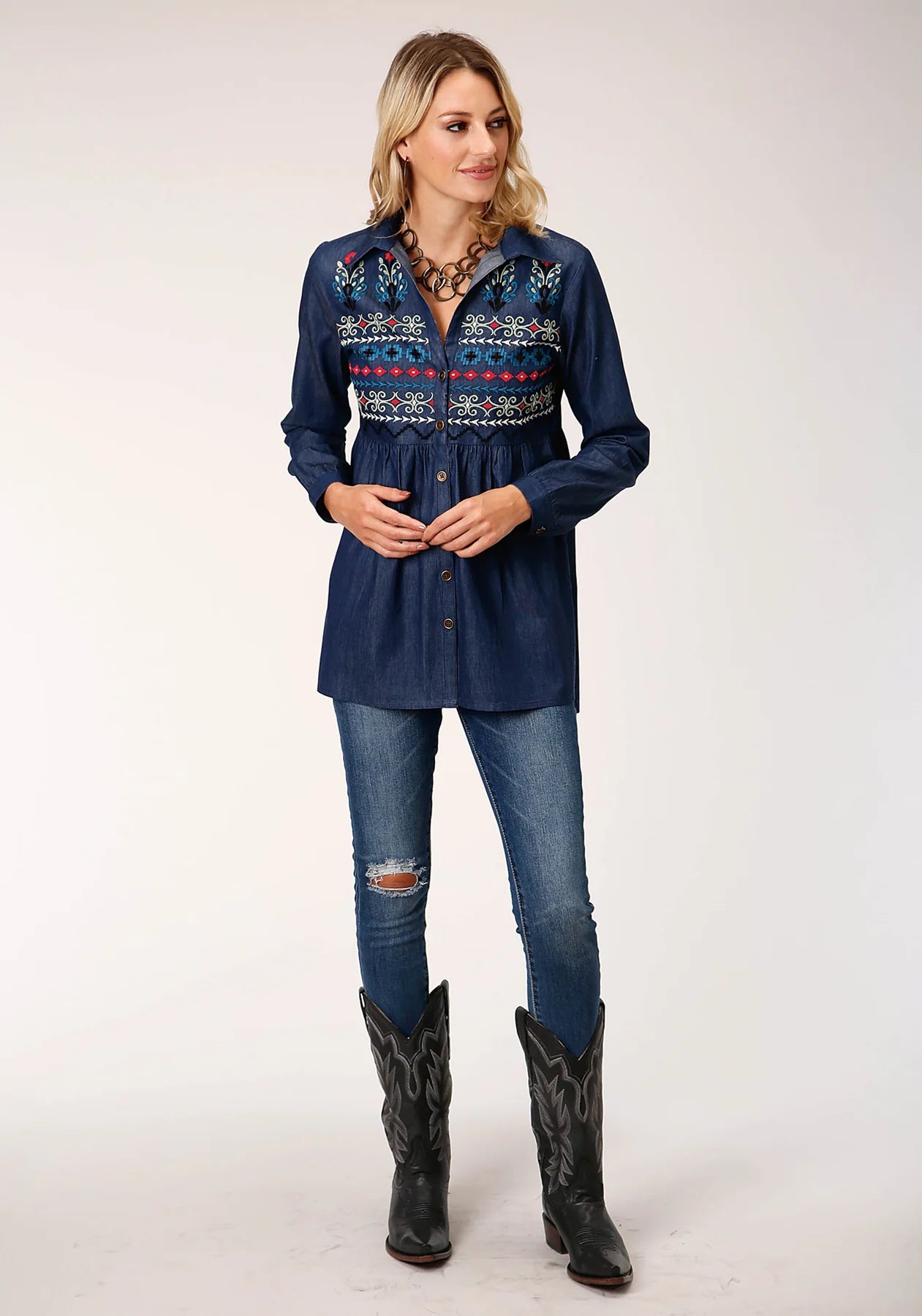 03-050-0565-7067 Roper Ladies Studio West Collection LS Tunic Solid Blue