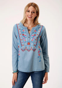 Roper Ladies Studio West Collection Long Sleeve Blouse Solid Blue