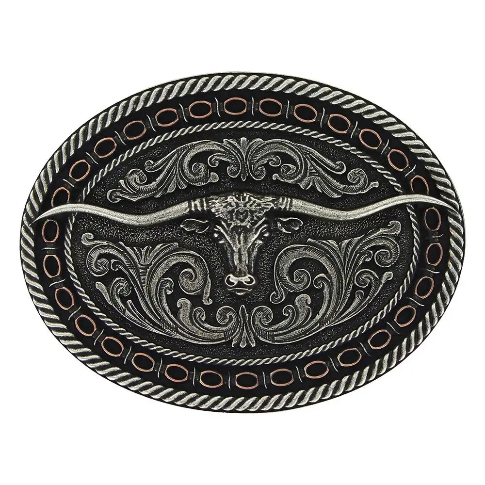 A742 Montana Silversmiths Two Tone Antiqued Round Barbed Longhorn Attitude Buckle