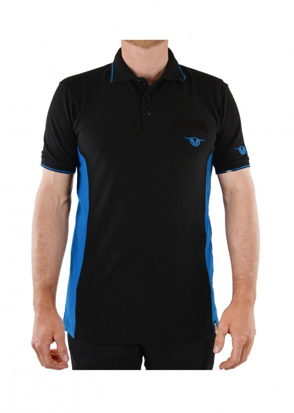 B1S1520081 Bullzye Mens Splice Short Sleeve Polo Black/Blue