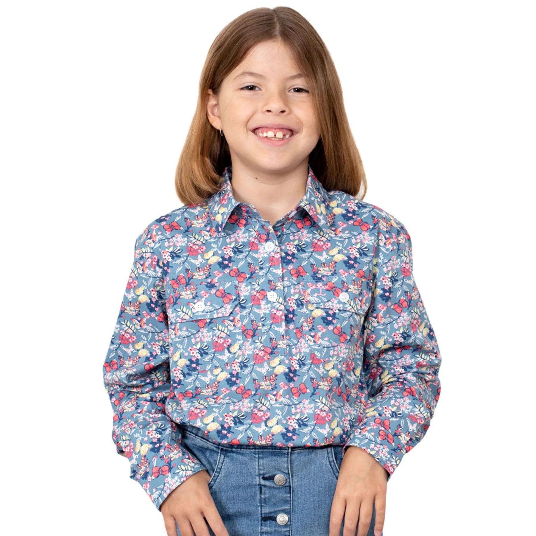 GWLS2237 Just Country Girls Harper Half Button Print Workshirt Blue Butterflies