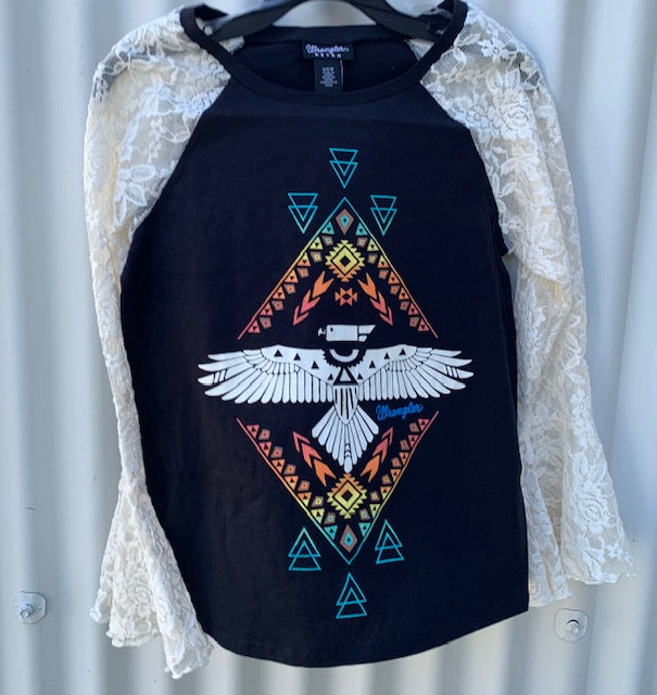 LWK566M Wrangler Ladies Aztec Graphic Lace Top Black