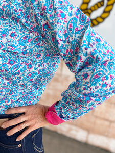 WWLS2266 Just Country Ladies Georgie Half Button Print Workshirt White Paisley
