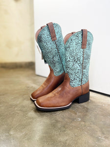 10042534 Ariat Ladies Round Up Wide Square Toe Boot Beduino Brown/Turq Floral Emboss