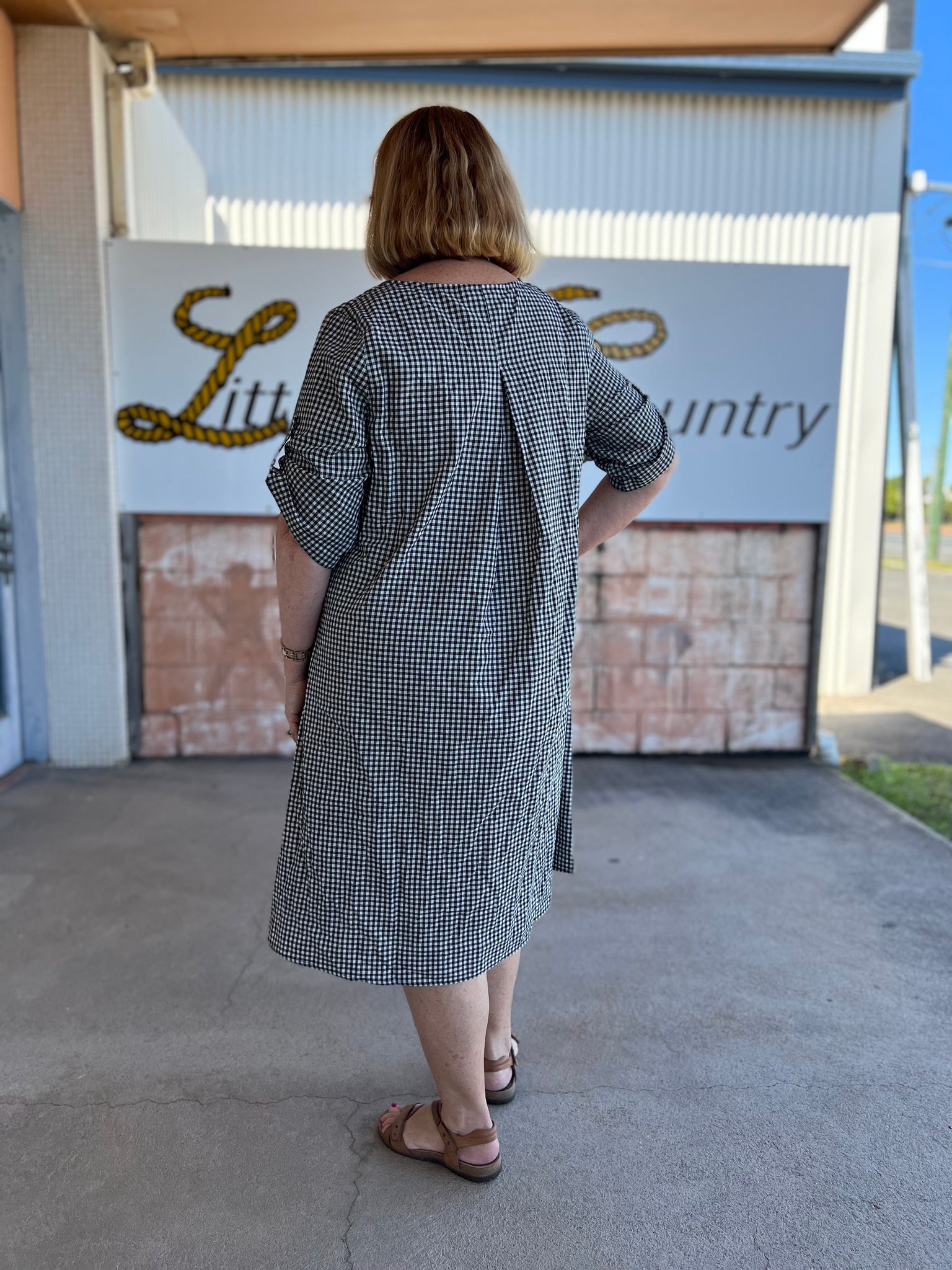 S2247094 Corfu Ladies Linen Yarn Dyed Check Dress Black/Sand