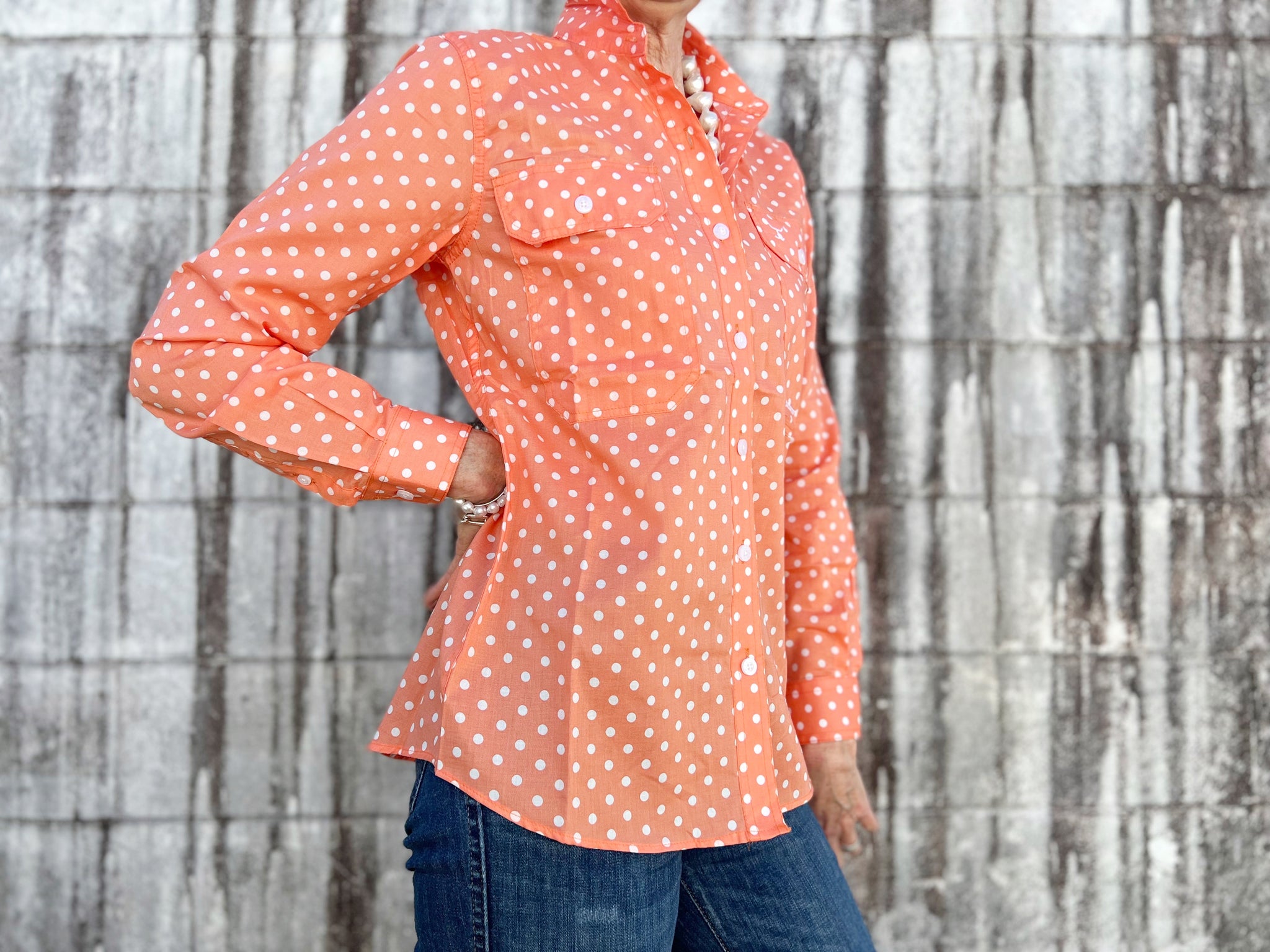 WWLS2245 Just Country Ladies Abbey Full Button Print Workshirt Coral Polka Dots