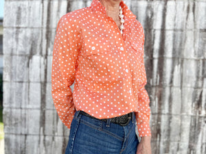 WWLS2245 Just Country Ladies Abbey Full Button Print Workshirt Coral Polka Dots