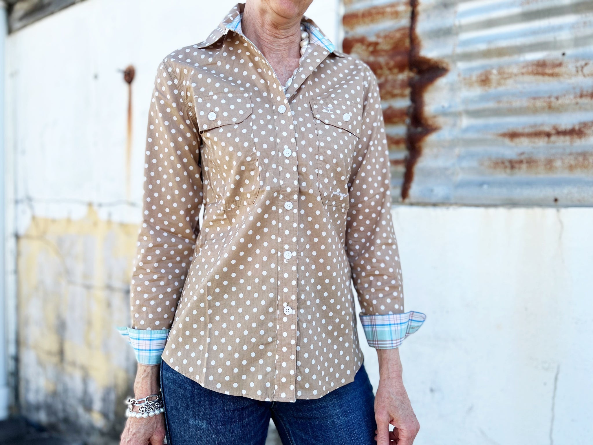 WWLS2243 Just Country Ladies Abbey Full Button Print Workshirt Tan Polka Dots